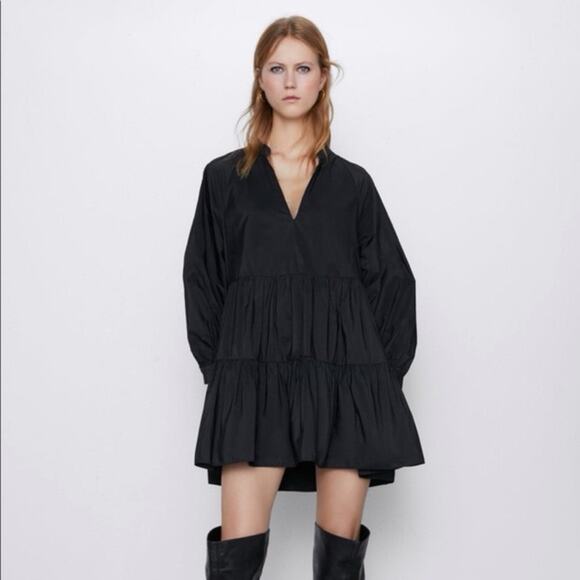 Zara Taffeta Black V-neck Long Sleeve Mini Dress Size Medium - Picture 1 of 6